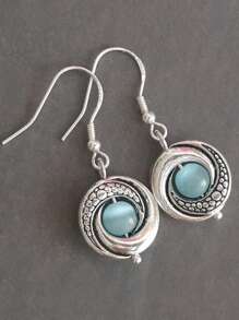 2 piezas Pendientes geométricos retro bohemios con cuentas de metal y piedras naturales multicolor para mujeres, fiestas, uso diario, regalo