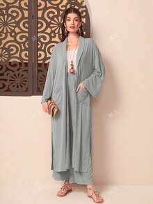 Solid Zip-Up Jacket & Wide-Leg Pants Set - Casual Collared Long Sleeve Solid Color With Slight Stretch