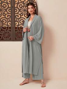 Conjunto de chaqueta con cremallera y pantalones de pierna ancha - Informal de manga larga con cuello, unicolor con un leve estiramiento - Gris Claro - Ver 3