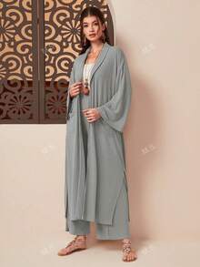 Solid Zip-Up Jacket & Wide-Leg Pants Set - Casual Collared Long Sleeve Solid Color With Slight Stretch