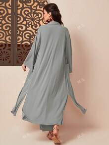 Solid Zip-Up Jacket & Wide-Leg Pants Set - Casual Collared Long Sleeve Solid Color With Slight Stretch
