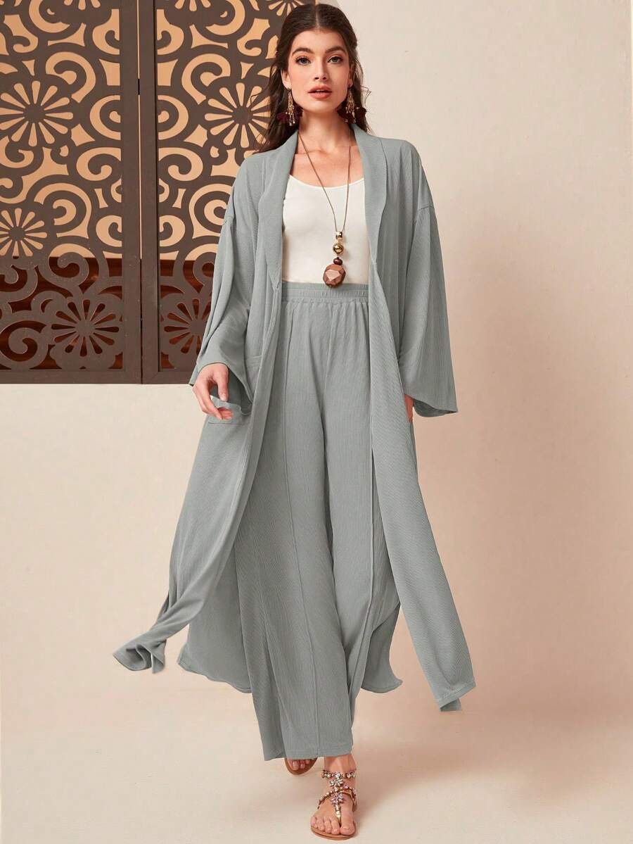 Conjunto de chaqueta con cremallera y pantalones de pierna ancha - Informal de manga larga con cuello, unicolor con un leve estiramiento - Gris Claro - Ver 1