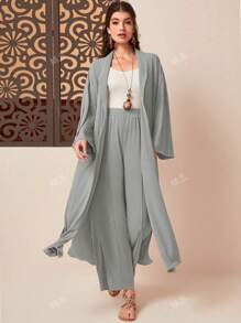 Solid Zip-Up Jacket & Wide-Leg Pants Set - Casual Collared Long Sleeve Solid Color With Slight Stretch
