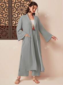 Solid Zip-Up Jacket & Wide-Leg Pants Set - Casual Collared Long Sleeve Solid Color With Slight Stretch