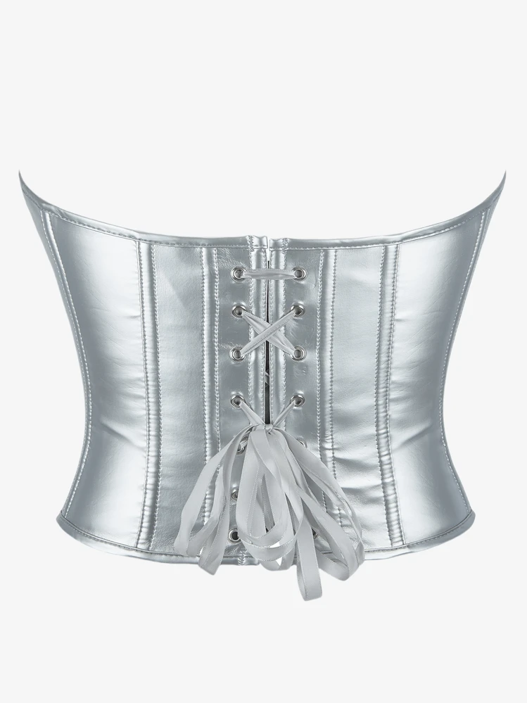 Women Silver Zip-Up Corset Bustier Top, Club Cyborg Punk Style