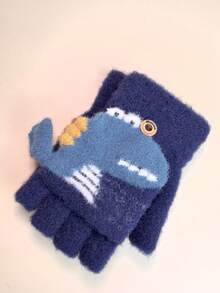 1 Pair Toddler Unisex 3D Dinosaur Knit Convertible Mittens, Warm Fingerless Gloves For Outdoor Autumn Winter - Navy Blue - View 2
