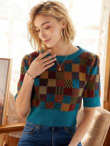 Knit Mix Elegant Women's French Fashion Loose T-Shirt, Knitted Round Neck Plaid Pattern, Suitable For Spring And Summer, Short Sleeve Casual Pullover, Suitable For Valentine's Day, Back To School Season, Autumn And Winter, Also Suitable For Christmas, Thanksgiving And New Year Occasions