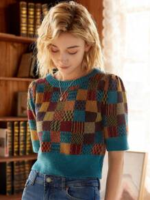 Knit Mix Elegant Women's French Fashion Loose T-Shirt, Knitted Round Neck Plaid Pattern, Suitable For Spring And Summer, Short Sleeve Casual Pullover, Suitable For Valentine's Day, Back To School Season, Autumn And Winter, Also Suitable For Christmas, Thanksgiving And New Year Occasions