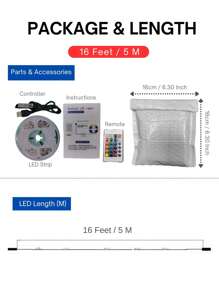 ONELEDWANGRX 1pc Smart RGB LED Strip Lights, 1/3/5/10/15m, 3.3/10/16/33/50ft USB 5V Powered 2-Mode Control, 24-Key Remote Control + App Control, Light Color And Brightness Adjustable, Can Be Bended And Cut,Easy To Install Atmosphere Lights, For Home Party, TV Backlight