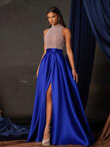 Vestido Longo de Gala Formal Smilprince com Bloco de Cor, Lantejoulas, Pérolas Incrustadas e Fenda Alta, Vestido de Formatura Elegante, Para Convidado de Casamento, Formatura, Jantar