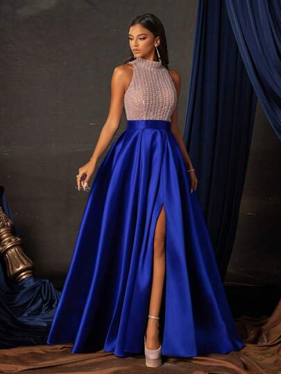 Vestido Longo de Gala Formal Smilprince com Bloco de Cor, Lantejoulas, Pérolas Incrustadas e Fenda Alta, Vestido de Formatura Elegante, Para Convidado de Casamento, Formatura, Jantar