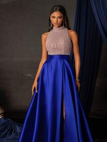 Vestido Longo de Gala Formal Smilprince com Bloco de Cor, Lantejoulas, Pérolas Incrustadas e Fenda Alta, Vestido de Formatura Elegante, Para Convidado de Casamento, Formatura, Jantar