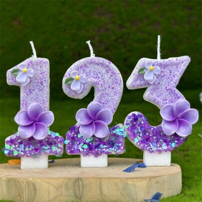 1pc Gradient Color Plumeria & Jasmine Flower Sparkling Digit Birthday Candle Cake Decor Party Anniversary Celebration Bakery Supplies Romantic DIY Candle For Women, Christmas