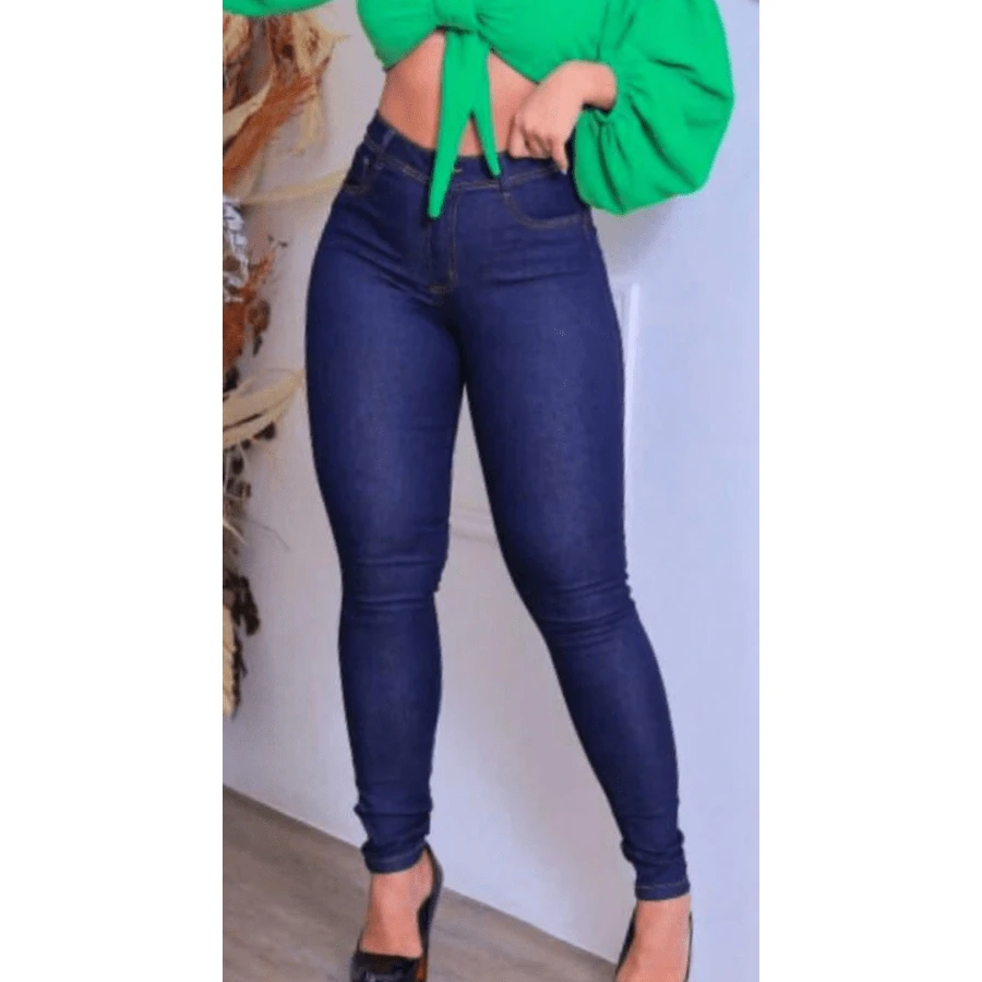 Women's Skinny High Waist Jeans With Elastane - 深色水洗藍 - 查看 1