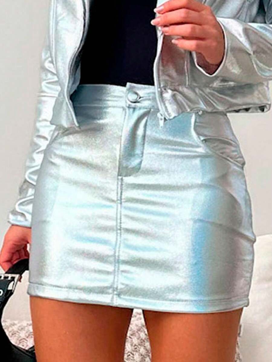 Women's Mini Skirt Metallic Faux Leather High Waist - 金屬銀 - 查看 1