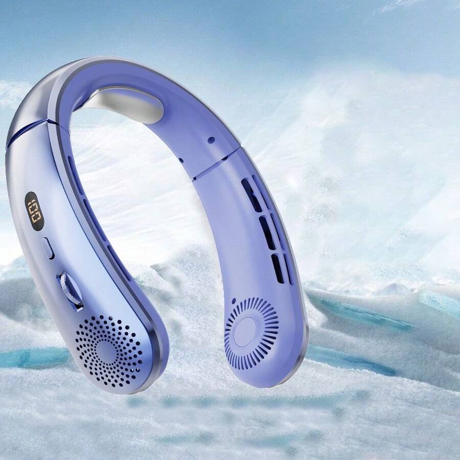 Newly Upgraded Cool Technology Version With 100 Speed Infinite Gear Variable Speed Wind Speed Adjustment USB Neck Hanging Fan, Adjustable Wearing Size, Physical Cooling Plate, Dual Turbo Strong Air Outlet, LED Display Screen, Essential Return To School Supplies For Outdoor Sports, Travel, And Summer! - 藍色 - 查看 1