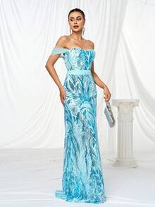 Mesh Contrast Sequined Bodycon Cocktail Dress - Blue - View 8