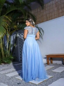 Long Bridesmaid Congress Graduation Party Dress With Embroidered Sleeve - Baby Blue - View 2