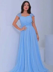 Long Bridesmaid Congress Graduation Party Dress With Embroidered Sleeve - Baby Blue - View 5
