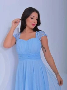 Long Bridesmaid Congress Graduation Party Dress With Embroidered Sleeve - Baby Blue - View 3