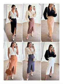 Midi Skirt With High Waist Slit Belt - 米色 - 查看 2