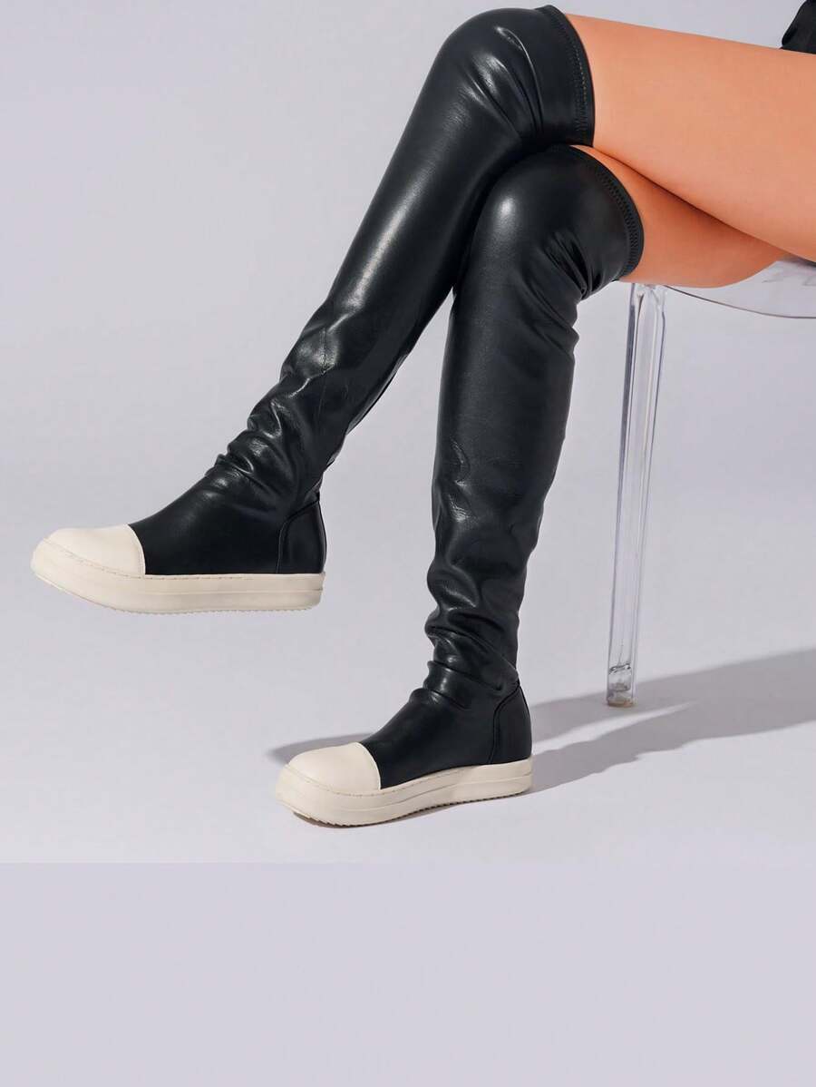 Arqa Women's Stretch Flat Over The Knee Thigh High Boots Comfort Knee-High Sneakers - 黑色 - 查看 1