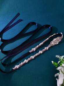 1pc Women Black Satin Ribbon Rhinestone Bridal Sash, Wedding Dress Belt Formal Gown Waist Accessory - Black Ribbon - View 4