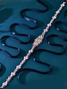 1pc Women Black Satin Ribbon Rhinestone Bridal Sash, Wedding Dress Belt Formal Gown Waist Accessory - Black Ribbon - View 1