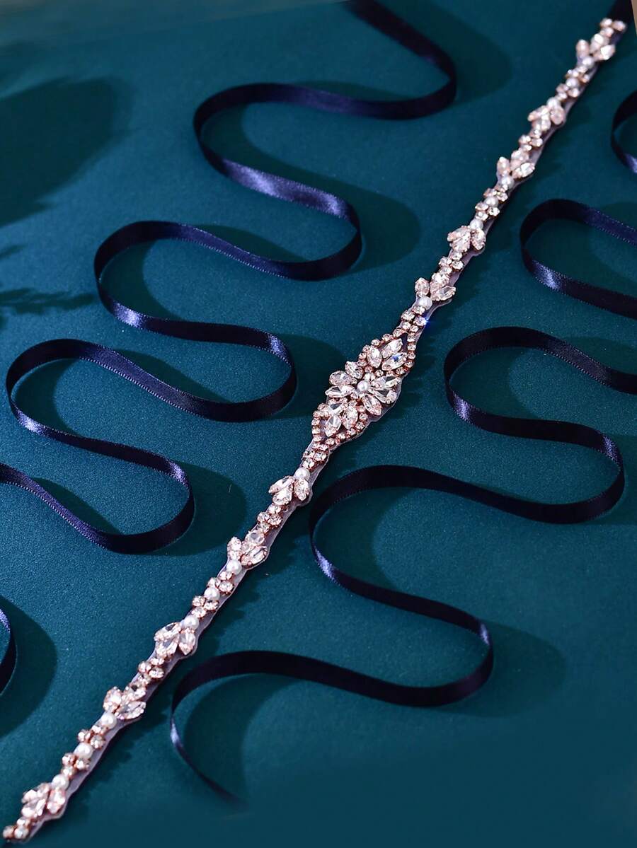 1pc Women Black Satin Ribbon Rhinestone Bridal Sash, Wedding Dress Belt Formal Gown Waist Accessory - Black Ribbon - View 1