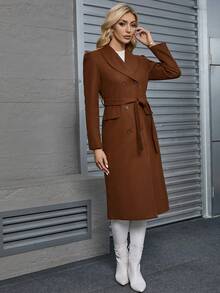 Women's Simple Solid Color Long Sleeve Woolen Coat, Elegant & Stylish For Winter - Brown - View 5