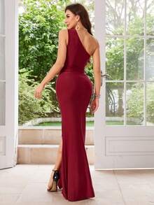 MUXXN Vintage 1950's One Shoulder Insert Split Thigh Cocktail Party Dress - Burgundy - View 3