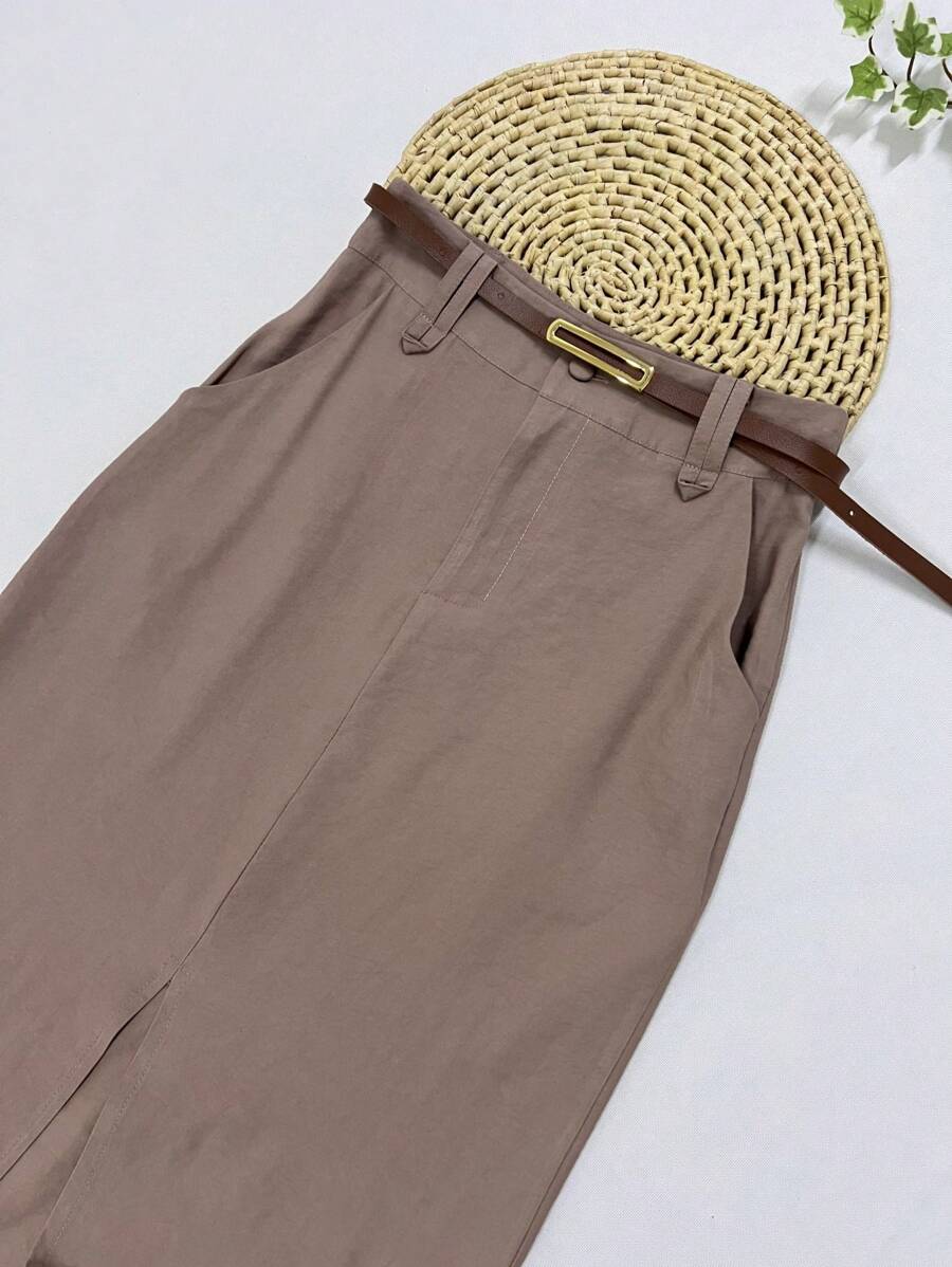 Midi Skirt With High Waist Slit Belt - Dusty Pink - View 1