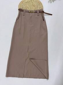Midi Skirt With High Waist Slit Belt - Dusty Pink - View 2