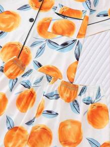 2pcs Fruit Peach Print Lounge Wear Set For Women, Comfortable Collared Short Sleeve Top And Loose Shorts, Beautiful Stylish Sleepwear And Homewear For Spring & Summer, Holidays, Parties, Casual All Season Outdoor And Indoor - Orange - View 7