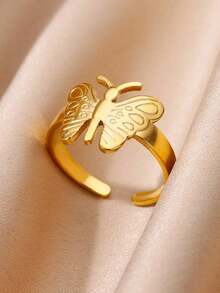 1 件女士时尚花朵戒指金色不锈钢叶蝴蝶几何戒指婚礼派对珠宝礼物 - 金黃色 - 查看 14