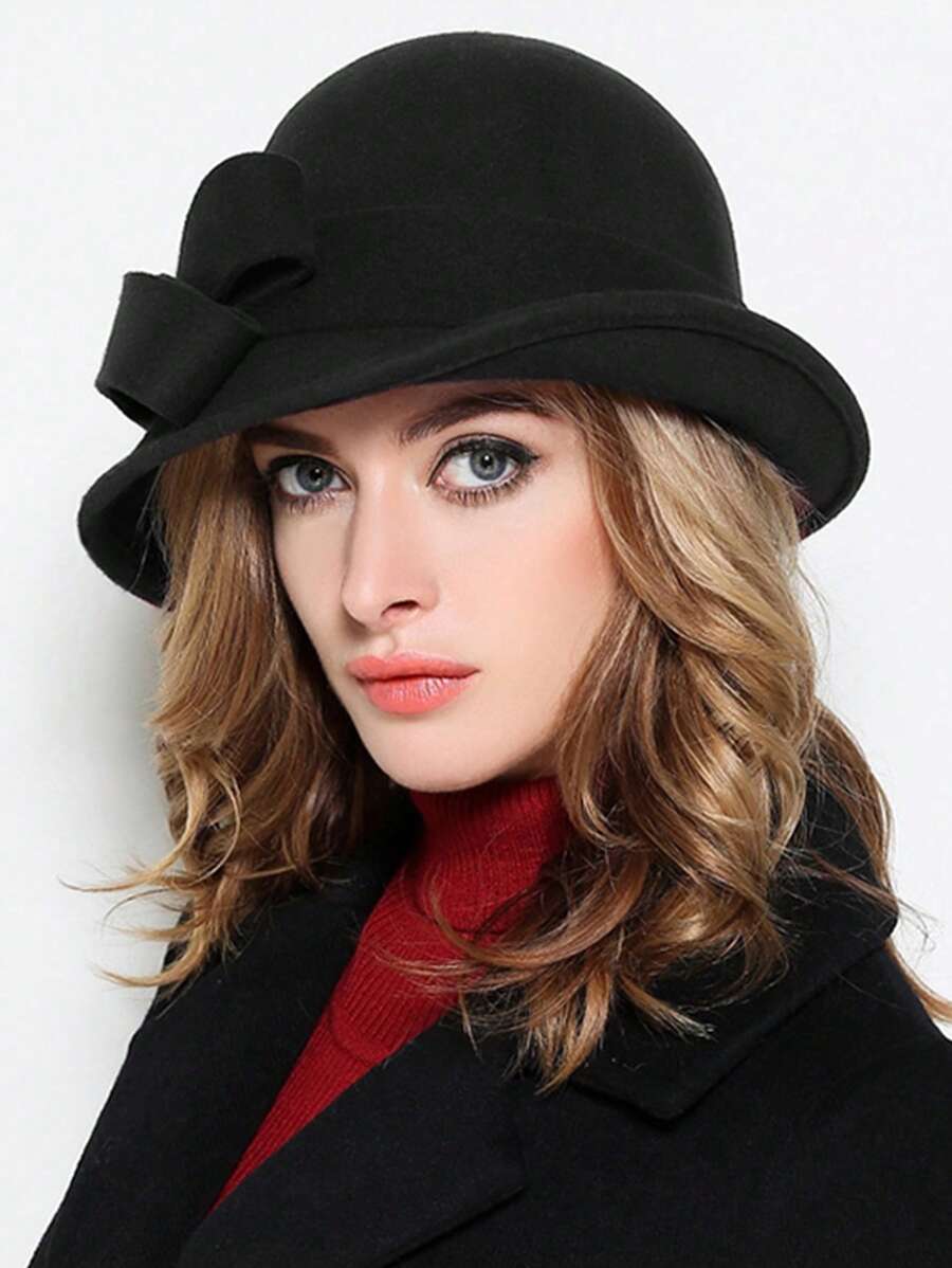 HIMESPORT Knitted Felt Wedding Bridal Cloche Fedoras Hat For Women Ladies Bowler Derby Hats With Bowknot Cocktail Tea Party Dress Elegant Derby Cap