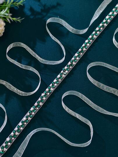 1pc Green Rhinestone Bridal Sash, Evening Gown Waist Decor, Bridesmaid Belt, Wedding Dress Accessory