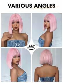14 Inch Pink Ombre White Bob Wig With Bangs Synthetic Heat Resistant Wigs Natural Looking For Women Daily Party And Cosplay Use