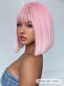 14 Inch Pink Ombre White Bob Wig With Bangs Synthetic Heat Resistant Wigs Natural Looking For Women Daily Party And Cosplay Use