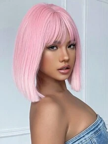 14 Inch Pink Ombre White Bob Wig With Bangs Synthetic Heat Resistant Wigs Natural Looking For Women Daily Party And Cosplay Use