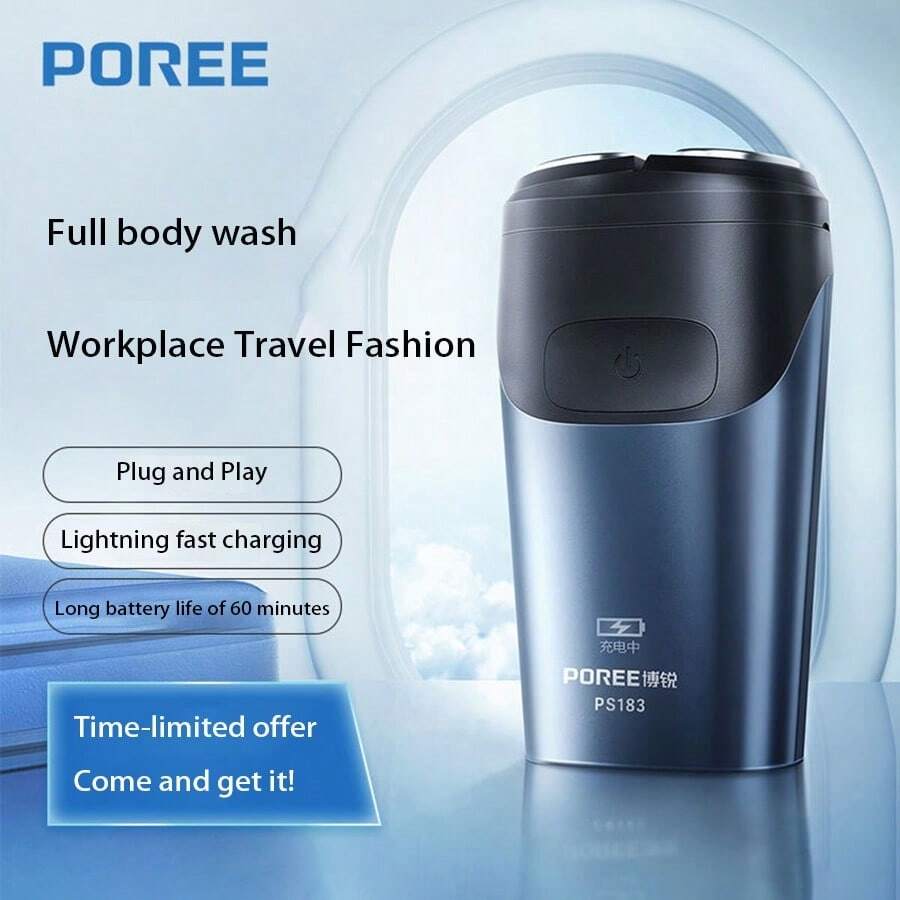 1入組poree可充電ps183電動刮鬍刀,智能全身水洗,智能數字顯示 - 藍色 - 查看 1