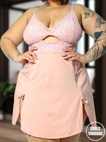 Kit With 6 Women's Plus Size Pajamas Nightgowns With Lace And Side Slits Casual Sensual Smooth Elegant Comfortable Ideal For Nights Large Size Sleepwear Models Curves Style - 彩色 - 查看 7