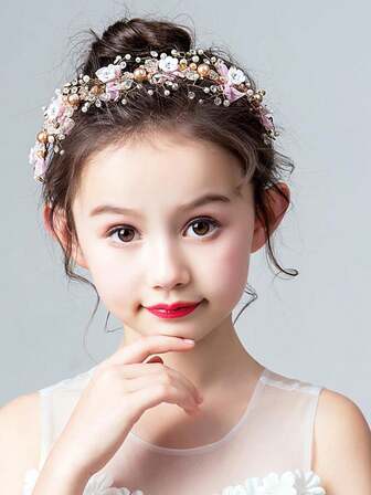 1pc Children Headpiece, Girls Pink Flower Crown Princess Headband, Floral Pearl Korean Style Hair Accessory, Suitable For Fashion Show