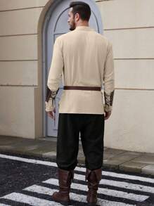 Camisa de manga larga de estilo medieval con cordones de unicolor para hombres - Caqui - Ver 4