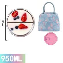 950ML Transparent Glass Round 3-Compartment Microwavable Food Storage Container, Bento Lunch Box With Sealing Lid For Office Workers And Home Use - Round Divider Lunch Box + Flamingo Bag - View 12