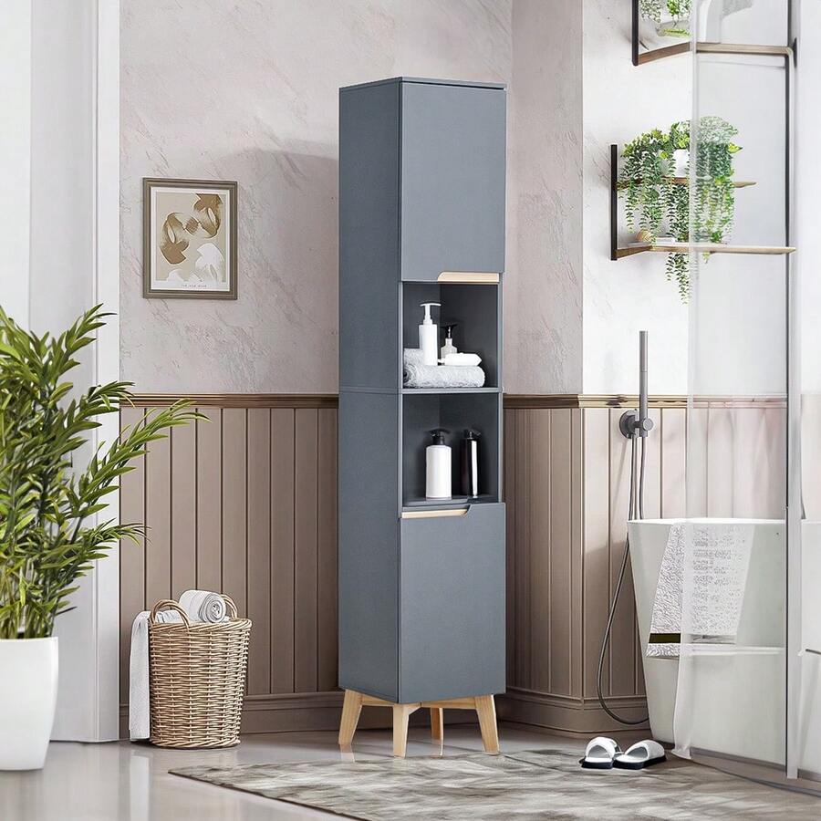 LIVINGANDHOME Living And Home Freestanding Tall Bathroom Storage Cabinet - Grey - View 1