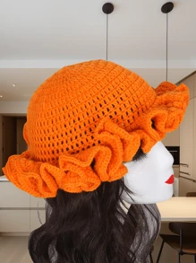 1 pieza Sombrero tipo cubo de punto hueco de poliéster de unicolor, de estilo casual bohemio, lindo y elegante, de estilo retro, para otoño e invierno