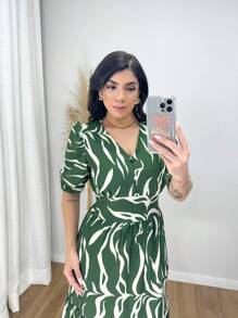Women's Printed Midi Dress - Zebra Midi Dress With Elastic. - 綠色 - 查看 3