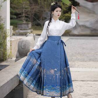 Moon Lotus Pattern Jacquard Weaving One-Piece Mamian Skirt Ancient Style Daily Commuting Christmas Outfit