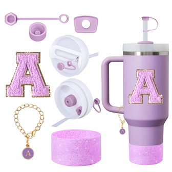 6 Pieces Accessory Set, Includes 3 Water Bottle Straw Lids, Spill Stopper, 1 Fabric Sticker, 1 Silicone Sleeve For Mugs 40oz And 30oz Tumblers, 1 Letter Charm, Personalized Name ID Tag Initial Handle Charm